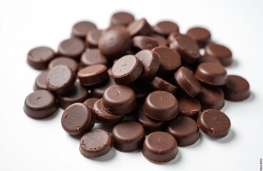 Fototapeta premium Stack of dark chocolate buttons isolated on white backdrop. Delicious sweet topping, snack, confectionery and ingredient for backing. Heap of round cocoa balls for tasty snack or party treat.