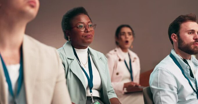 Seminar, answer and business woman in crowd with applause for announcement at event in office. Clapping hands, audience and female hr manager with group for information at corporate conference.
