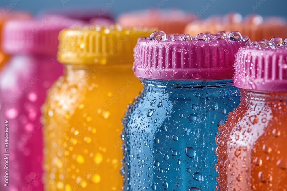 Poster a row of water bottles with condensation on the surface, great for use in illustrations about hydrat