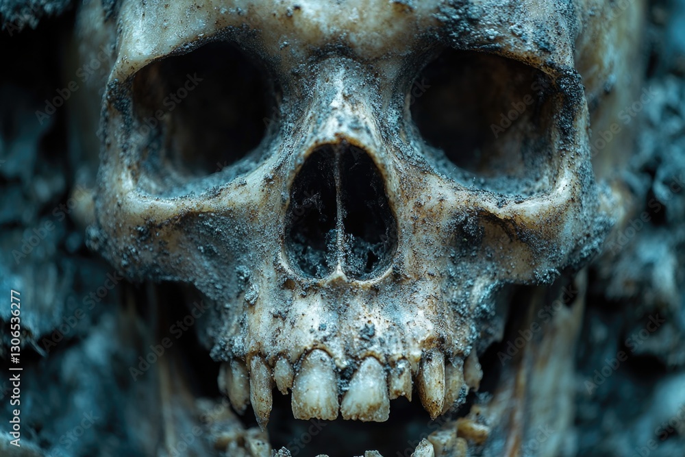 Poster a close-up view of a skull with a visible tooth