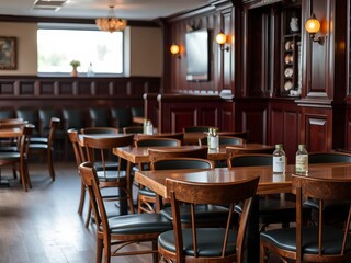 Empty chairs and tables outside a closed traditional British pub, lockdown, recession