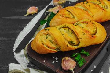 Fresh baked garlic bread, gluten free buns. Tasty food, fresh parsley, fragrant spices