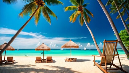 Idyllic tropical beach scene with swaying palm trees, thatched umbrellas, lounge chairs, and a turquoise ocean under a bright blue sky. Sailboats dot the horizon.