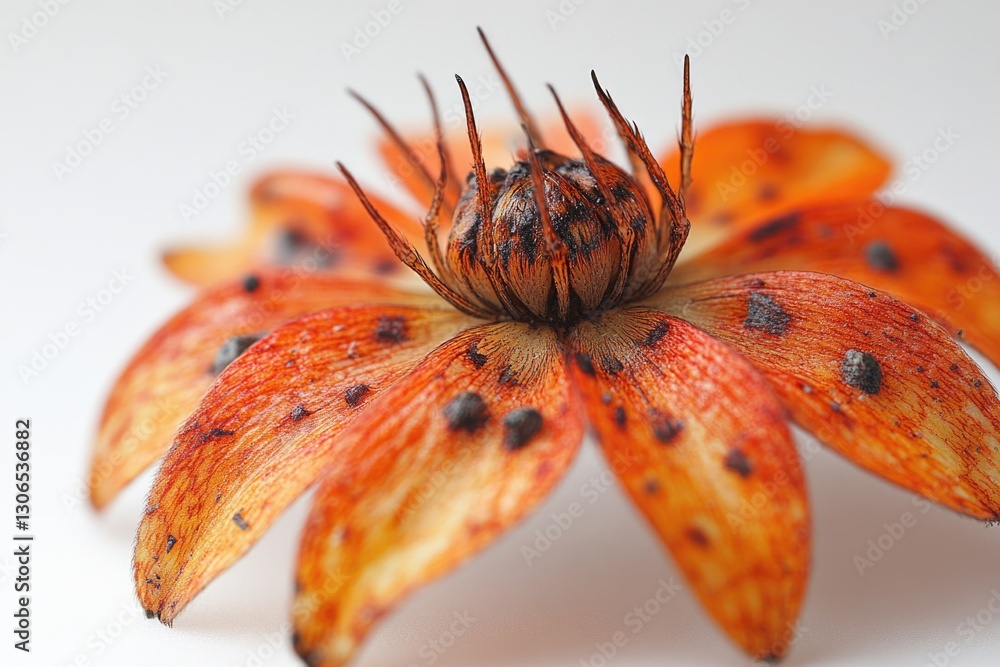 Poster a detailed view of a single flower on a white background, suitable for use in still life photography