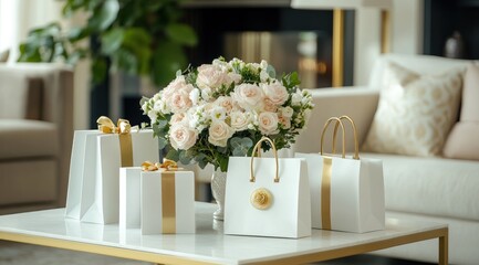 White gift bags and boxes with gold ribbon on a marble coffee table, beside a bouquet of roses in a vase.