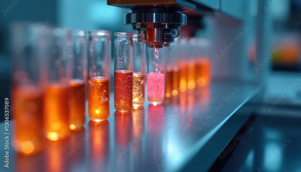 Poster Lab analyzing advanced biomaterial samples with tech. Row of test tubes with liquid, robotic arm for experiment, testing in laboratory. Synthetic biology, tissue engineering, regenerative medicine,