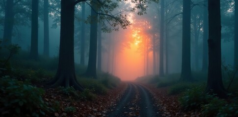 Obraz premium Foggy woods glowing softly with distant orange light, woodland, fog, orange glow