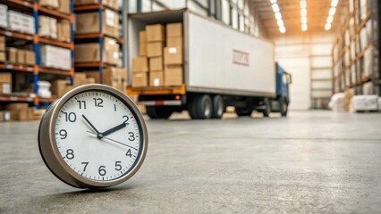 A clock lies on the warehouse floor, with stacked boxes and a truck in the background, emphasizing time management in logistics.