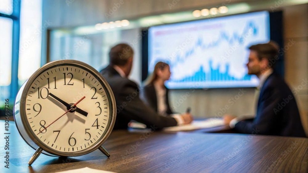 Aufkleber a clock is in focus in the foreground while professionals discuss data trends in a modern office set