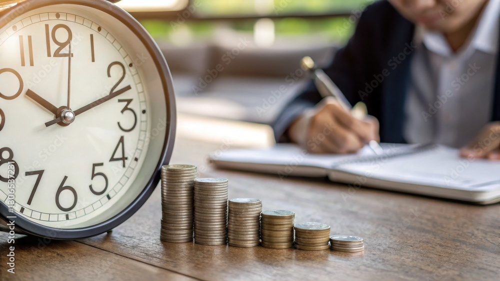 Poster a businessman writes notes while a clock and a stack of coins symbolize time management and financia