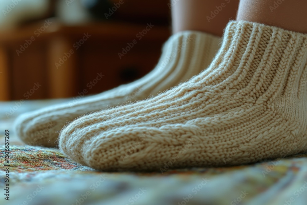 Poster a close-up view of a pair of socks resting on a bed, possibly freshly laundered