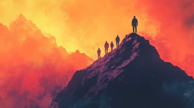 A person standing on top of a mountain, looking ahead while others follow Symbolizing vision, guidance, and leadership.