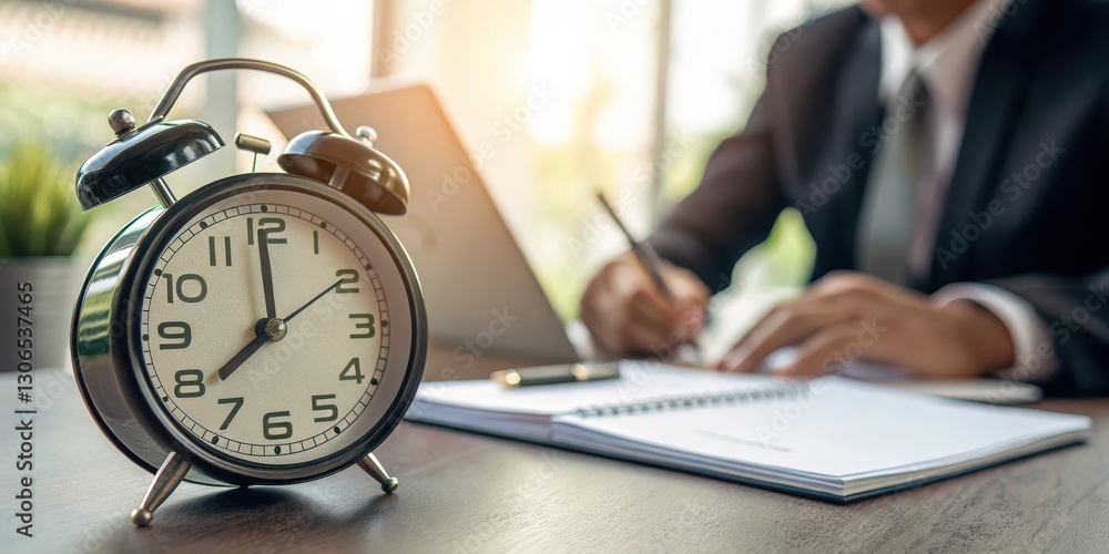 Poster a businessman writes notes while a vintage alarm clock sits on the desk, symbolizing time management