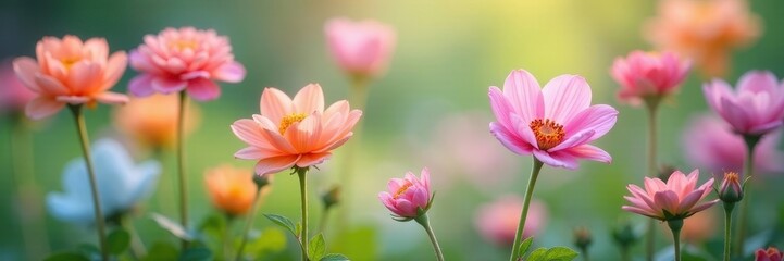 Obraz premium Pastel garden flowers mirrored, soft focus, whimsical , garden, background