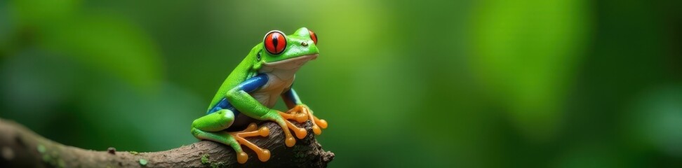 Close-up of a vibrant green tree frog perched on a branch, wildlife photography, wildlife