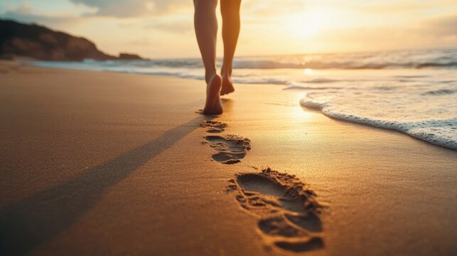 A person walking barefoot on a beach, leaving footprints behind Symbolizing leaving the past behind and moving forward.