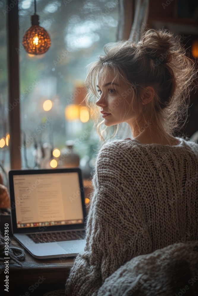 Poster a person working on a laptop with a calm expression