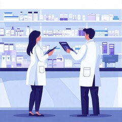 Two pharmacists collaborating in a modern pharmacy with shelves full of medicine and health products