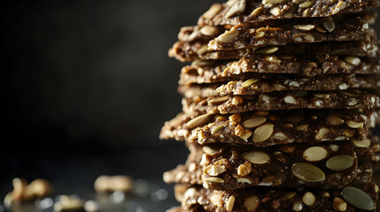 Stack of crunchy nut and seed brittle on dark moody background with empty space. For culinary articles, blog posts. 