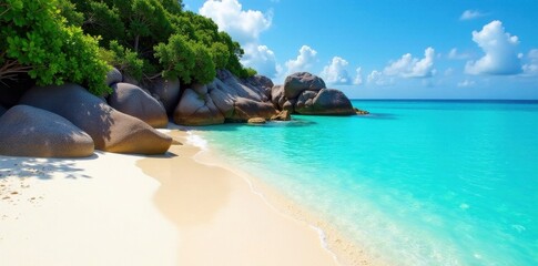 Secluded cove, powdery sand, crystal-clear water, vibrant coral , turquoise water, secluded beach