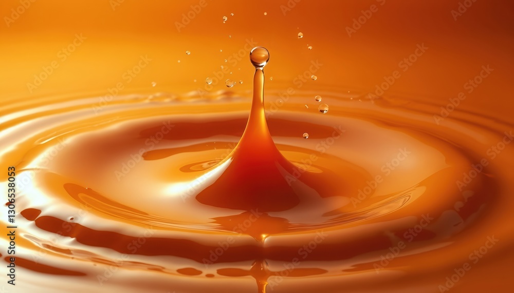 Poster macro shot of vibrant orange juice drop falling into liquid with ripples. refreshing splash of orang