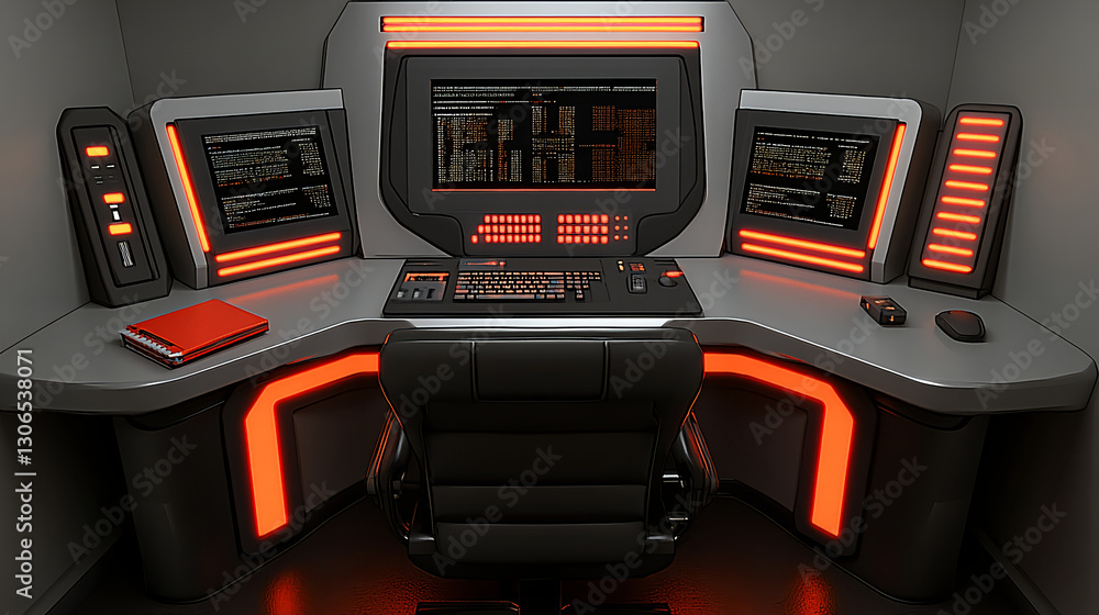 Poster futuristic control room setup sci-fi environment digital workstation high-tech design modern technol