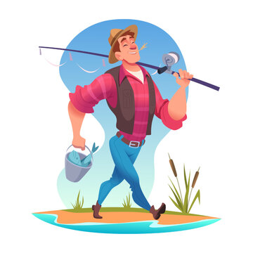 Cartoon funny happy cheerful fisherman character in hat walking with fish in bucket