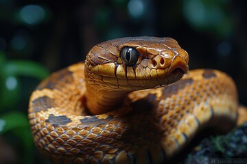 Obraz premium A close-up shot of a snake coiled around a tree branch, perfect for wildlife or nature-inspired designs