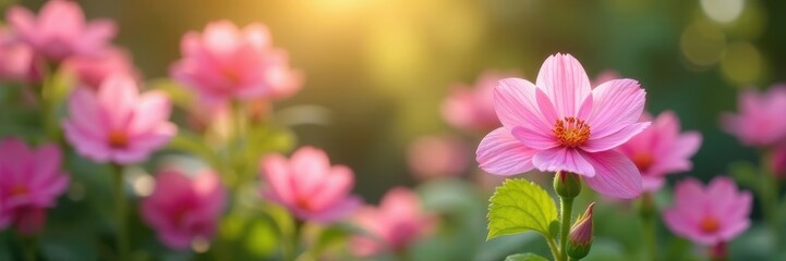 Obraz premium Delicate pink flowers, blurred garden backdrop , garden, blurry, bokeh