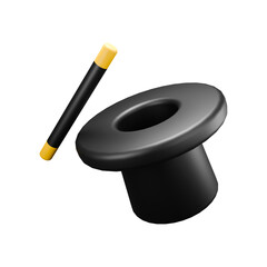 3D rendered illustration of black magician hat with wand 