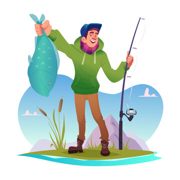 Cartoon funny happy cheerful young fisherman character showing caught fish