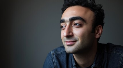 Fototapeta premium A professional yet candid studio portrait of a man in a relaxed denim shirt, smiling radiantly while looking off-camera, with subtle shadows adding depth against the grey background