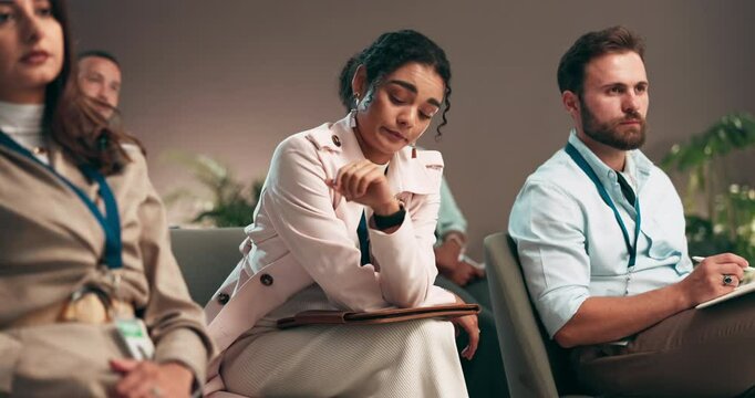 Bored, seminar and time with business woman in conference room for development or learning, Checking watch, late and workshop with annoyed employee in professional office for upskill training