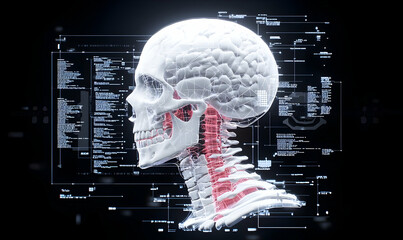 3D Human Skull Model with Brain and Data Visualization Elements