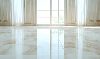 Fototapeta premium Bright and Elegant Room with Glossy Marble Floor and Large Windows
