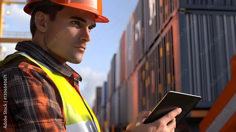 Poster warehouse worker using a tablet to manage shipping containers in a busy port during daylight