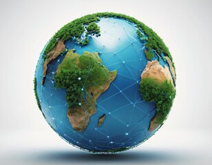 Fototapeta premium Stylized digital globe logo, featuring interconnected lines and dots to symbolize global connectivity and advanced technology, in cybernetic blue and digital green colors, white background