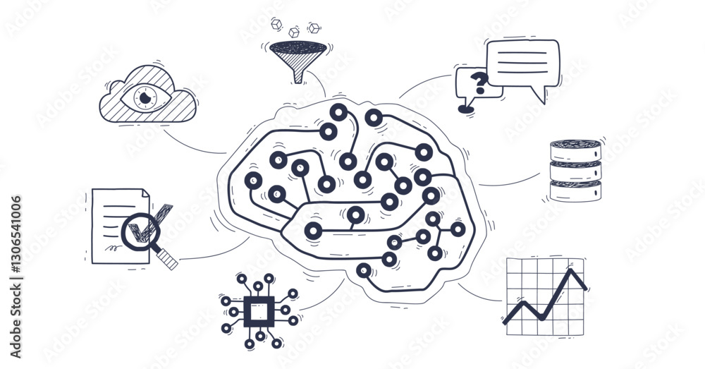 Aufkleber generative ai concept with brain, cloud, and data flow. doodle style