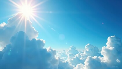 Sunbeams pierce fluffy clouds, illuminating azure sky, shine, cloud burst