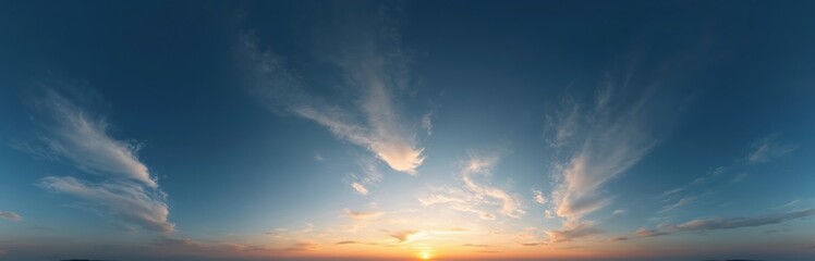 Dark blue sky panorama with cirrus clouds during sunset time. Seamless HDR pano in spherical equirectangular format complete zenith for 3D visualization game sky replacement for aerial drone