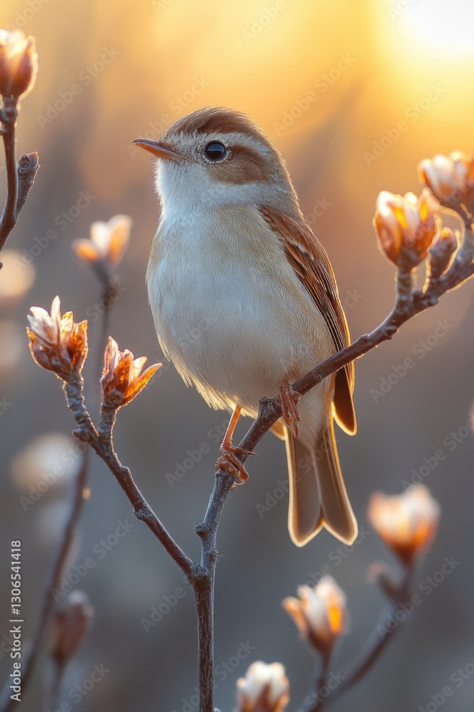 Poster a small bird sits comfortably on the top of a tree branch, possibly singing or observing its surroun