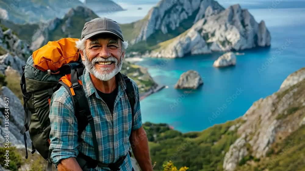 Poster man with a backpack is smiling at the camera while standing on a mountain over