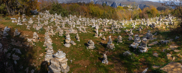 Panoramic view of the pyramids of stones in the Stone Forest in the mountains of Epirus in Greece
