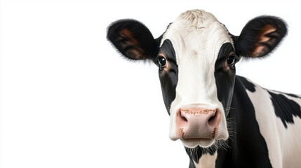 Holstein cow with distinctive black and white markings, looking directly at camera, isolated on white background, showcasing its features and expression