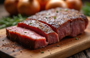 Juicy rare picanha steak cut on wooden board. Argentinian grilled beef sirloin, delicious cooked meat for lunch, dinner, gourmet dish. Epicurean cuisine.