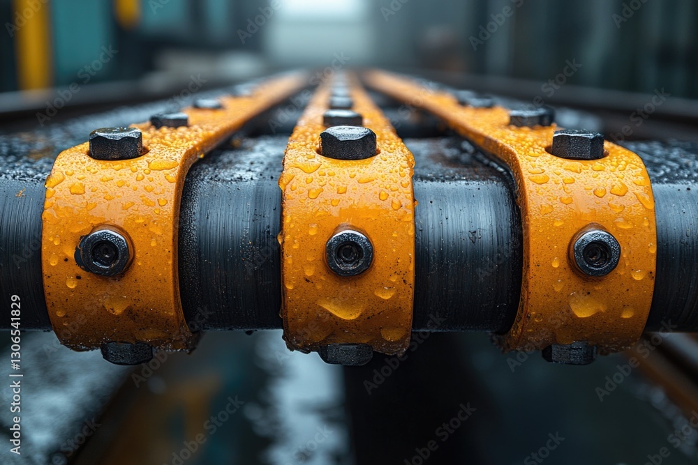 Poster a close-up shot of a rail with water droplets, suitable for use in articles about weather or outdoor