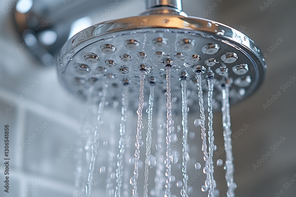 Poster water flowing from a shower head, suitable for scenes where characters are cleaning up or experienci