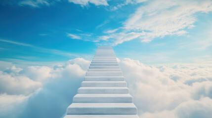 staircase extends upwards into bright blue sky, surrounded by fluffy clouds, creating serene and uplifting atmosphere