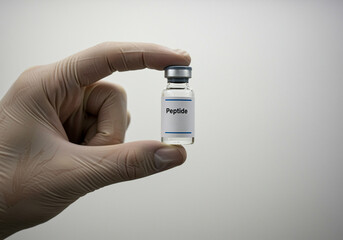 Peptide vial held in gloved hand. Close-up of a vial labeled Peptide being held by a hand wearing a surgical glove. The vial is clear with a gray cap and a white label
