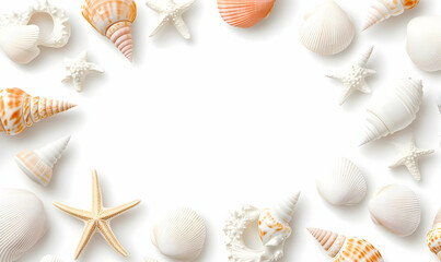 Obraz premium Assorted Shells and Starfish on White Background for Summer Vibe